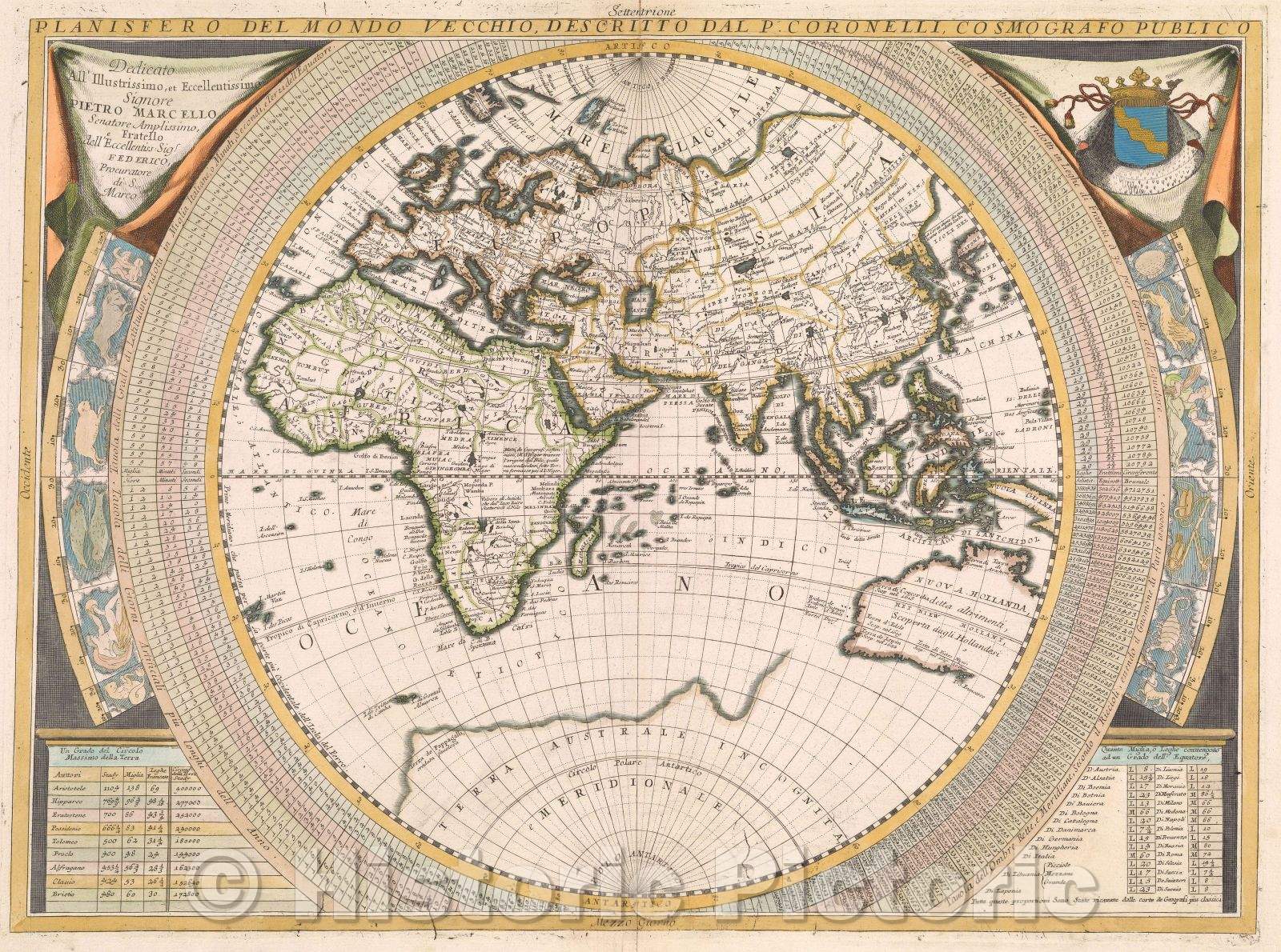 Historic Map : Planisfero del Mondo Vecchio, Descritto dal P. Coronelli, Cosmografo Publico, 1696 , Vintage Wall Art