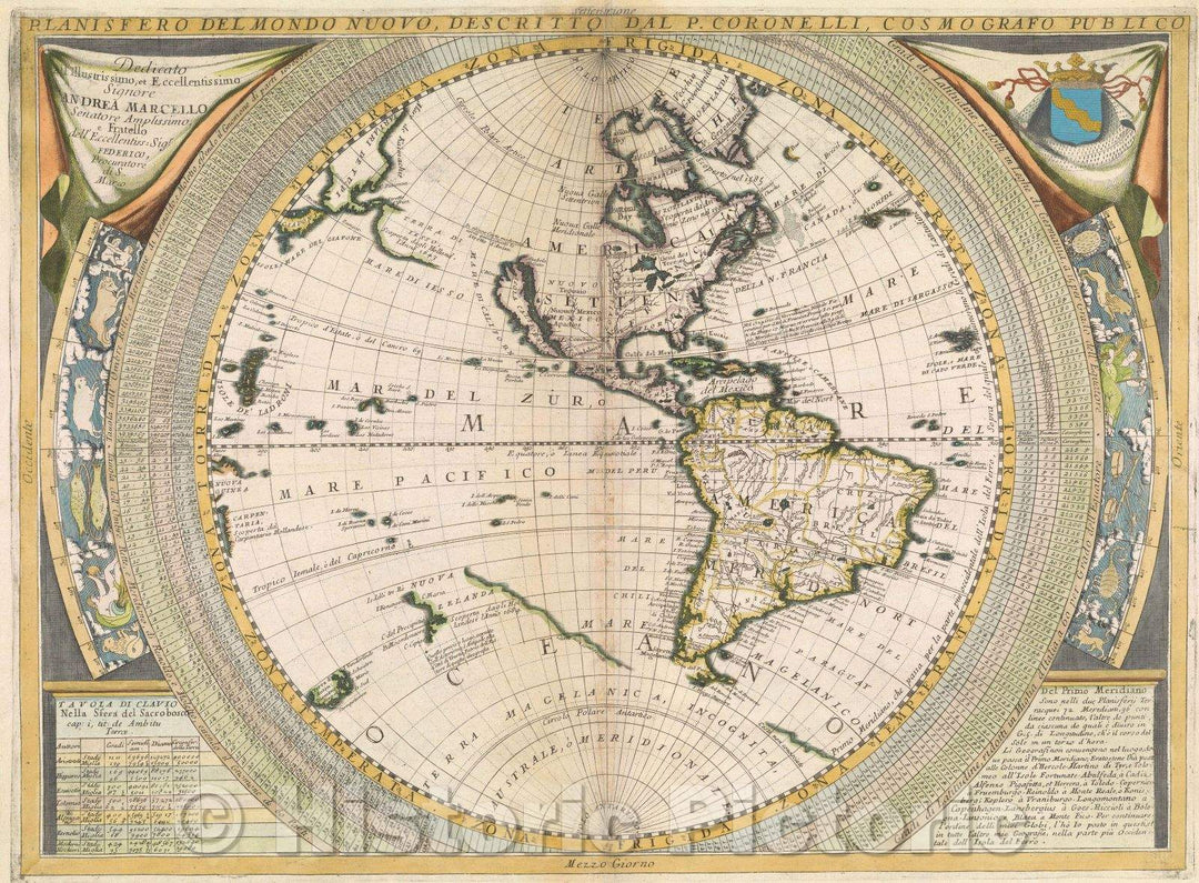 Historic Map : Planisfero del Mondo Nuovo, descritto dal P. Coronelli, Cosmpografico Publico, 1696 , Vintage Wall Art