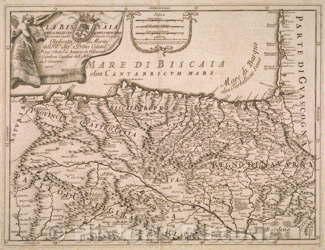 Historic Map : La Biscaia Divisa Nelle Sue 4 Parti Principali da Giocomo Cantelli da Vignola Geografo Dedicata al Merito dell Ill.mo Sig.re, e , 1696 , Vintage Wall Art