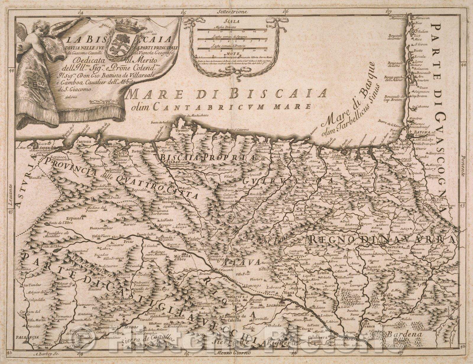 Historic Map : La Biscaia Divisa Nelle Sue 4 Parti Principali da Giocomo Cantelli da Vignola Geografo Dedicata al Merito dell Ill.mo Sig.re, e , 1696 , Vintage Wall Art