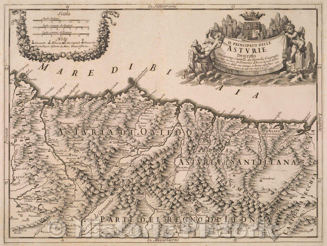 Historic Map : Il Principato Delle Aturie Descritto da Giacomo Cantelli da Vignola Geografo edato in Luce da Domenico de Risso herede di Gio Giac.o de Rossi, 1696 , Vintage Wall Art