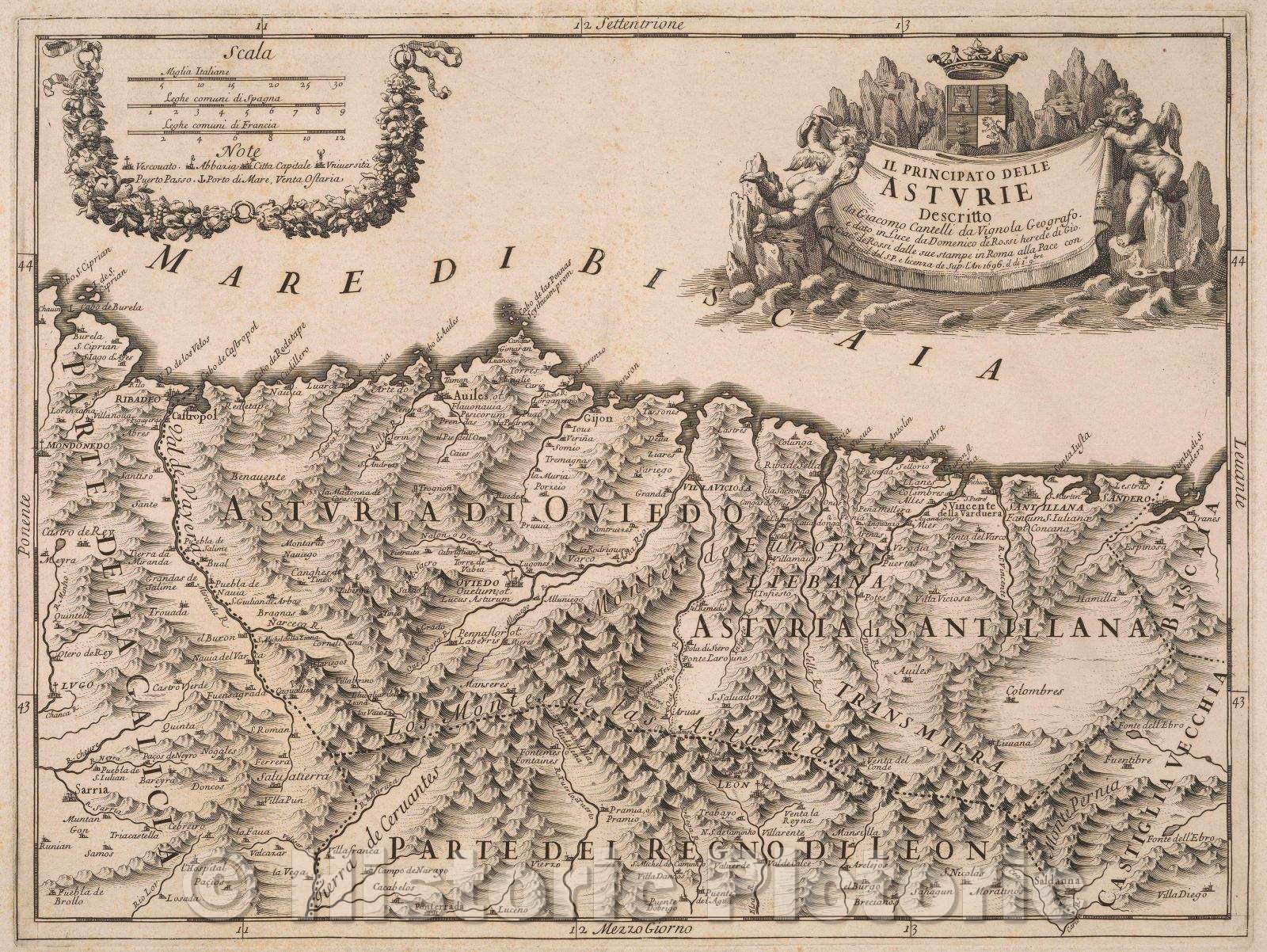 Historic Map : Il Principato Delle Aturie Descritto da Giacomo Cantelli da Vignola Geografo edato in Luce da Domenico de Risso herede di Gio Giac.o de Rossi, 1696 , Vintage Wall Art