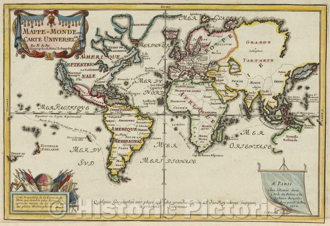 Historic Map : Mappe-Monde ou Carte Universelle, 1702 , Vintage Wall Art