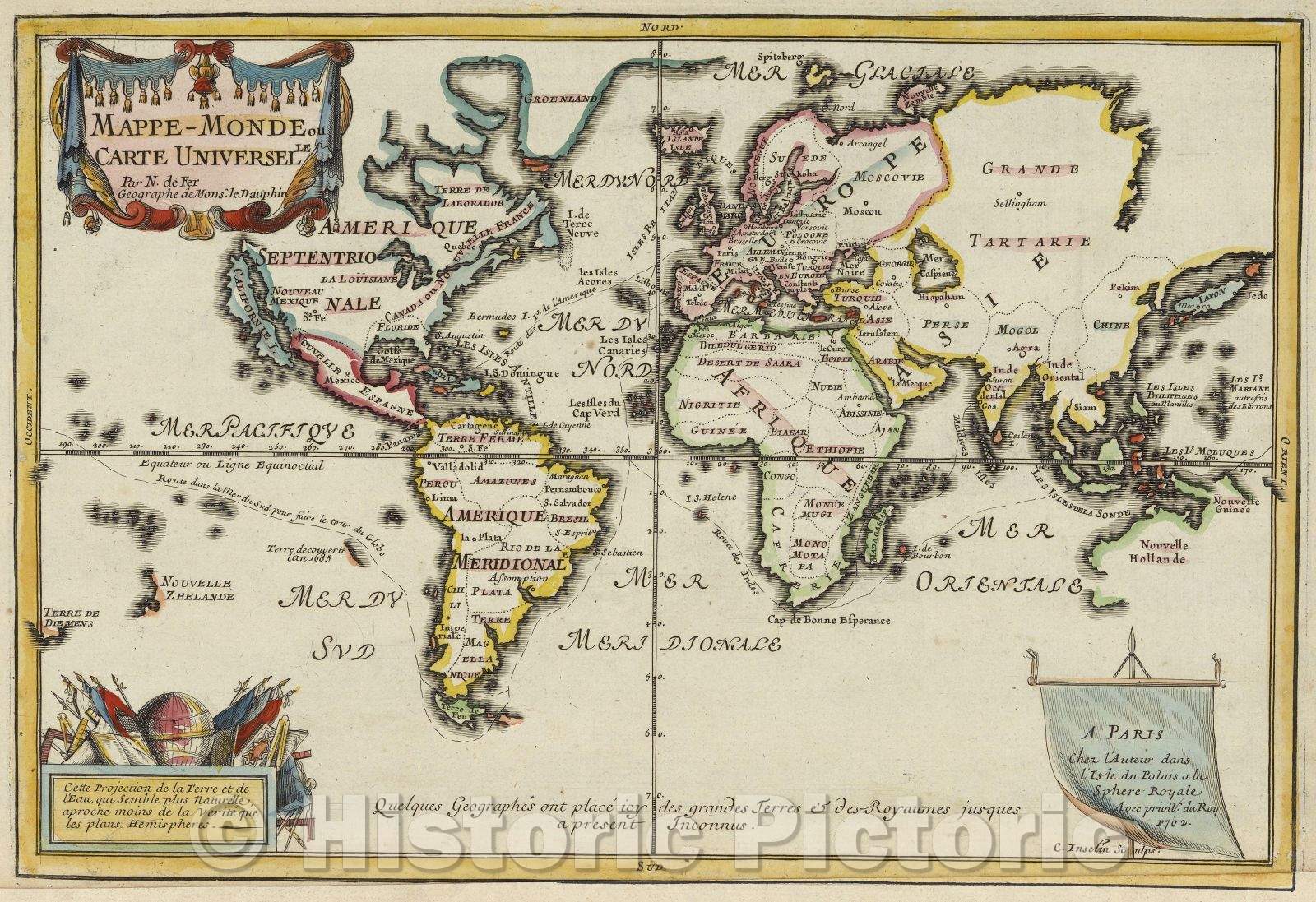 Historic Map : Mappe-Monde ou Carte Universelle, 1702 , Vintage Wall Art