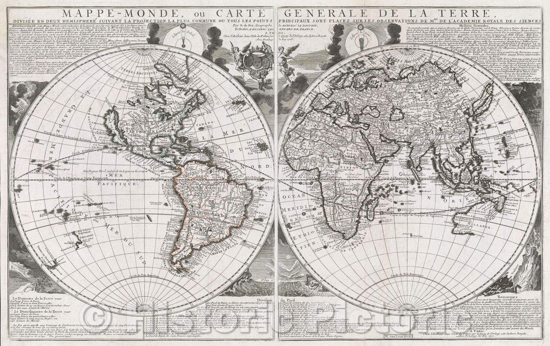 Historic Map : Mappe-Monde, ou Carte Generale de la Terre Divisee en deux hemispheres suivant la projection la plus commune ou tous les points principaux sont placez, 1705 , Vintage Wall Art