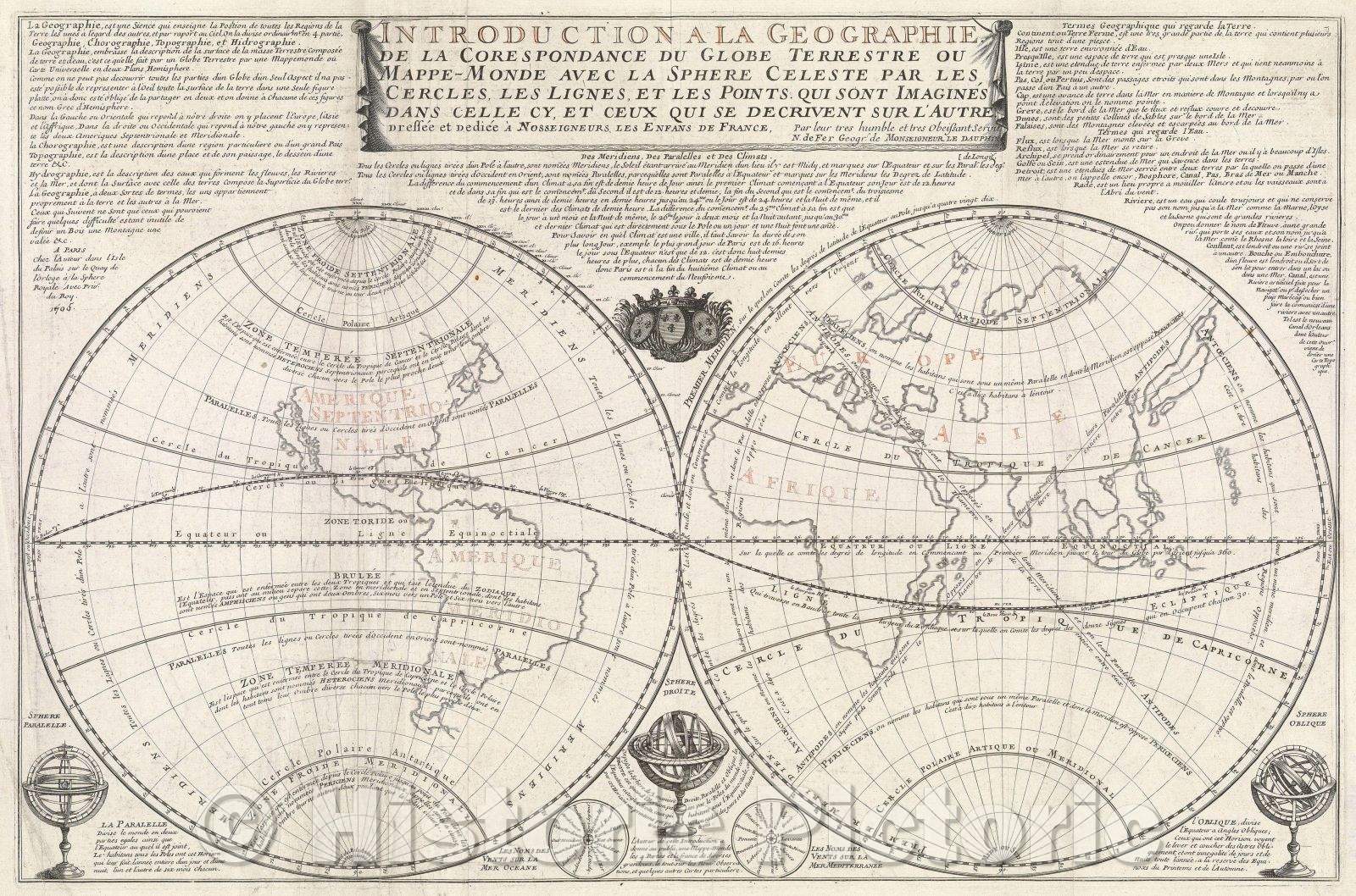 Historic Map : Introduction a la Geographie de la Corespondance du Globe Terrestre ou Mappe-Monde avec la Sphere Celeste par les cercles, les lignes, 1705 , Vintage Wall Art