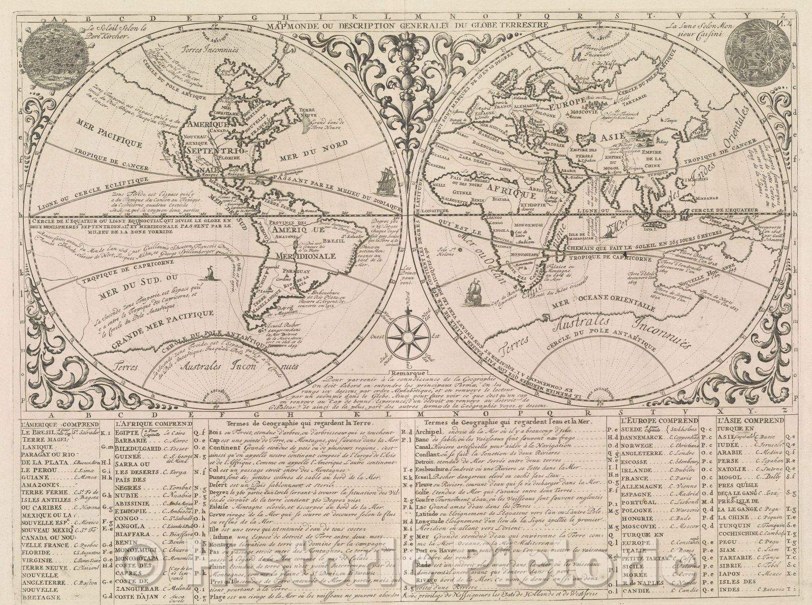 Historic Map : Mappe Monde ou Description Generale du Globe Terrestre, 1708 , Vintage Wall Art