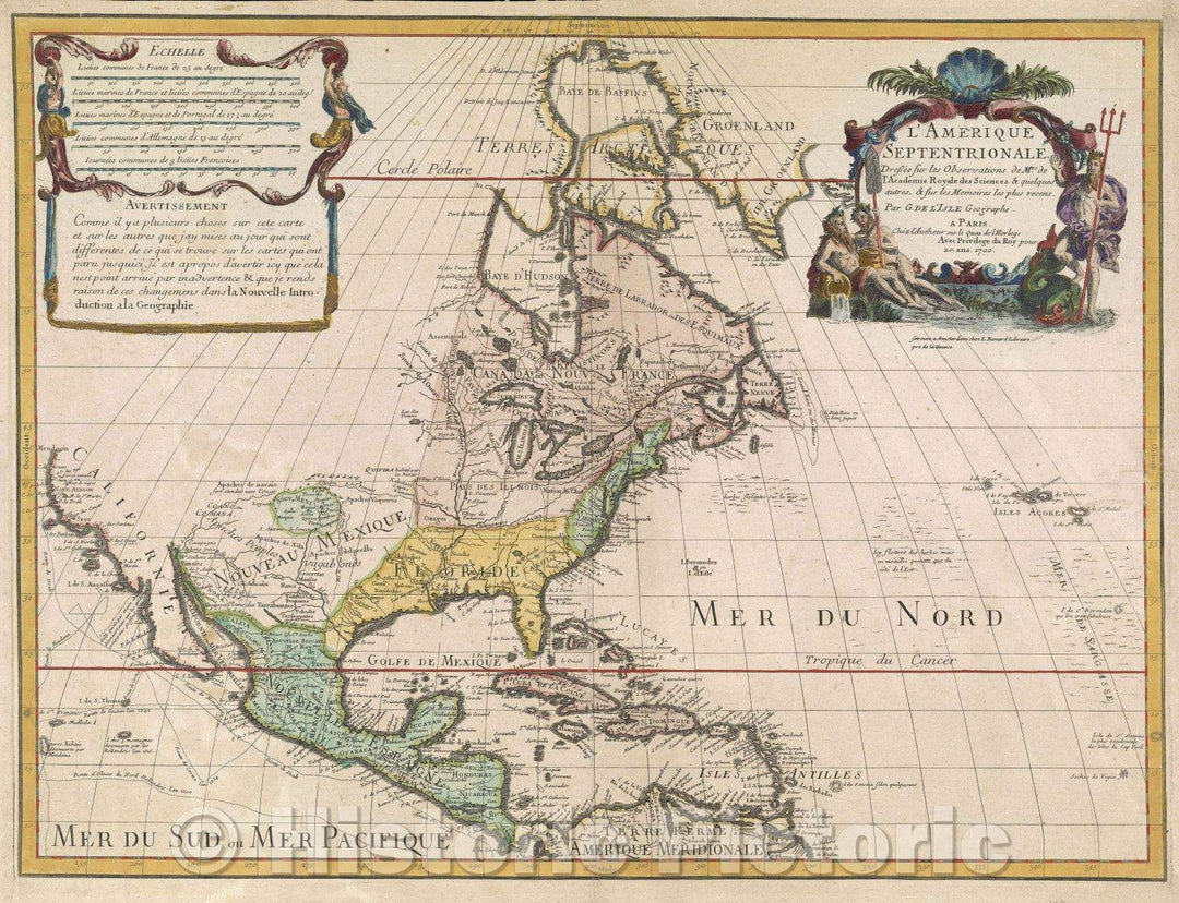 Historic Map : L'Amerique Septentrionale Dressee sur les Observations de Mrs. de l'Academie Royale des Sciences. and quelques autres, et sur les memoires, 1708 , Vintage Wall Art