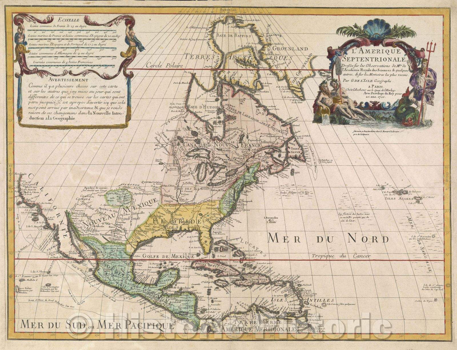 Historic Map : L'Amerique Septentrionale Dressee sur les Observations de Mrs. de l'Academie Royale des Sciences. and quelques autres, et sur les memoires, 1708 , Vintage Wall Art