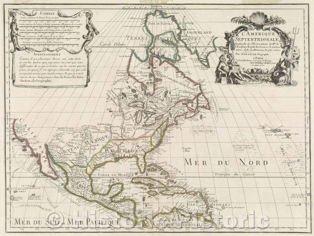Historic Map : L'Amerique Septentrionale Dressee sur les Observations de Mrs. de l'Academie Royale des Sciences. and quelques autres, and sur les Memoires, 1708 , Vintage Wall Art
