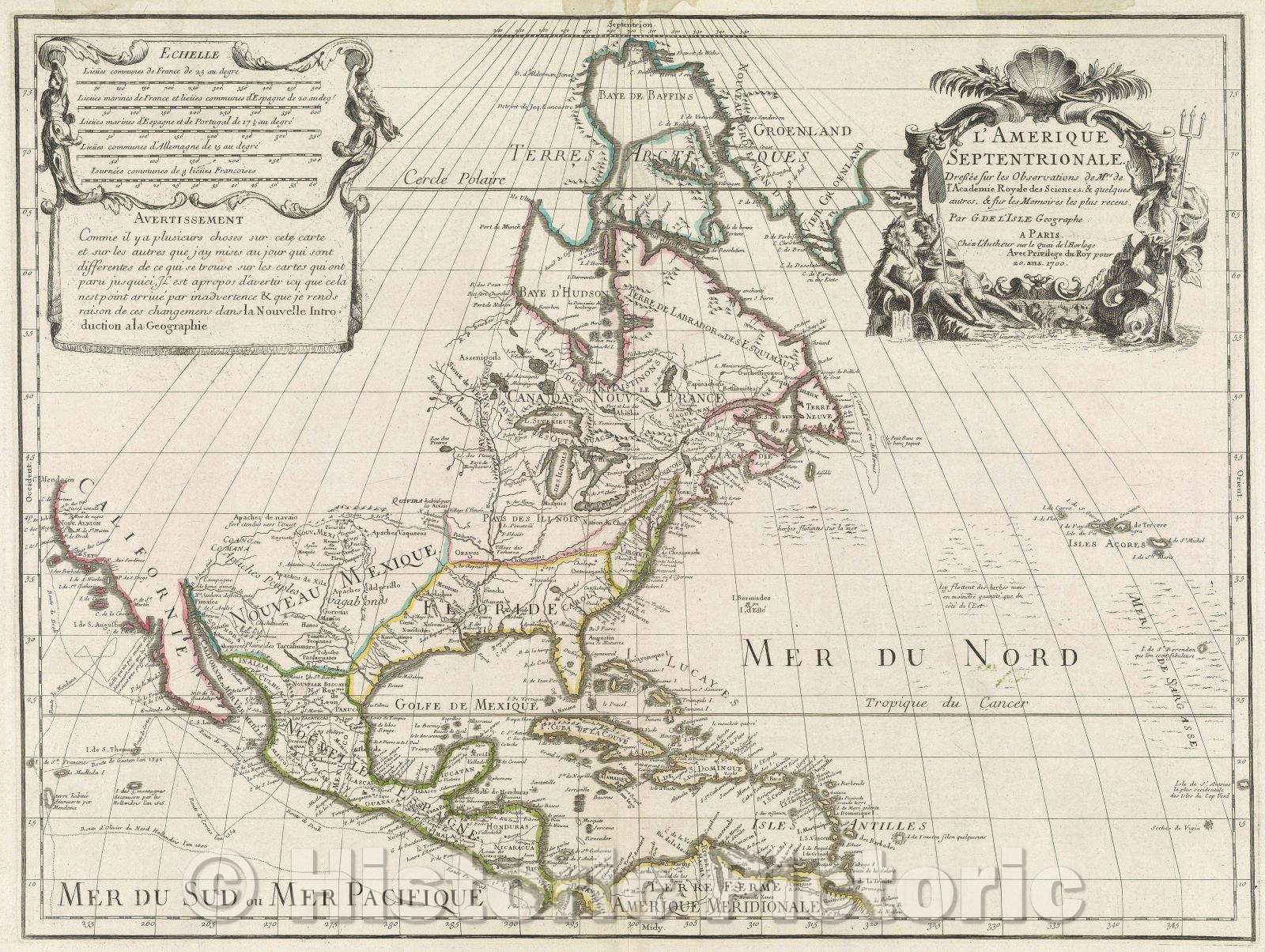 Historic Map : L'Amerique Septentrionale Dressee sur les Observations de Mrs. de l'Academie Royale des Sciences. and quelques autres, and sur les Memoires, 1708 , Vintage Wall Art