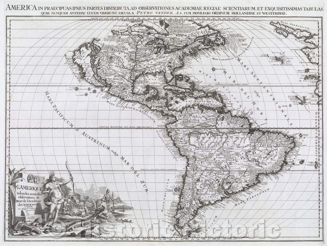 Historic Map : L'Amerique Selon les nouvelles observations de Mess.rs de l'Academie des Sceicnes, etc. A Leide Chez Pierre van der Aa. Avec Privilego., 1713 , Vintage Wall Art