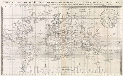 Historic Map : A New Map of the World according to Wrights alias Mercators Projection andc drawn from the Newest and the most Exact Observations, 1716 , Vintage Wall Art