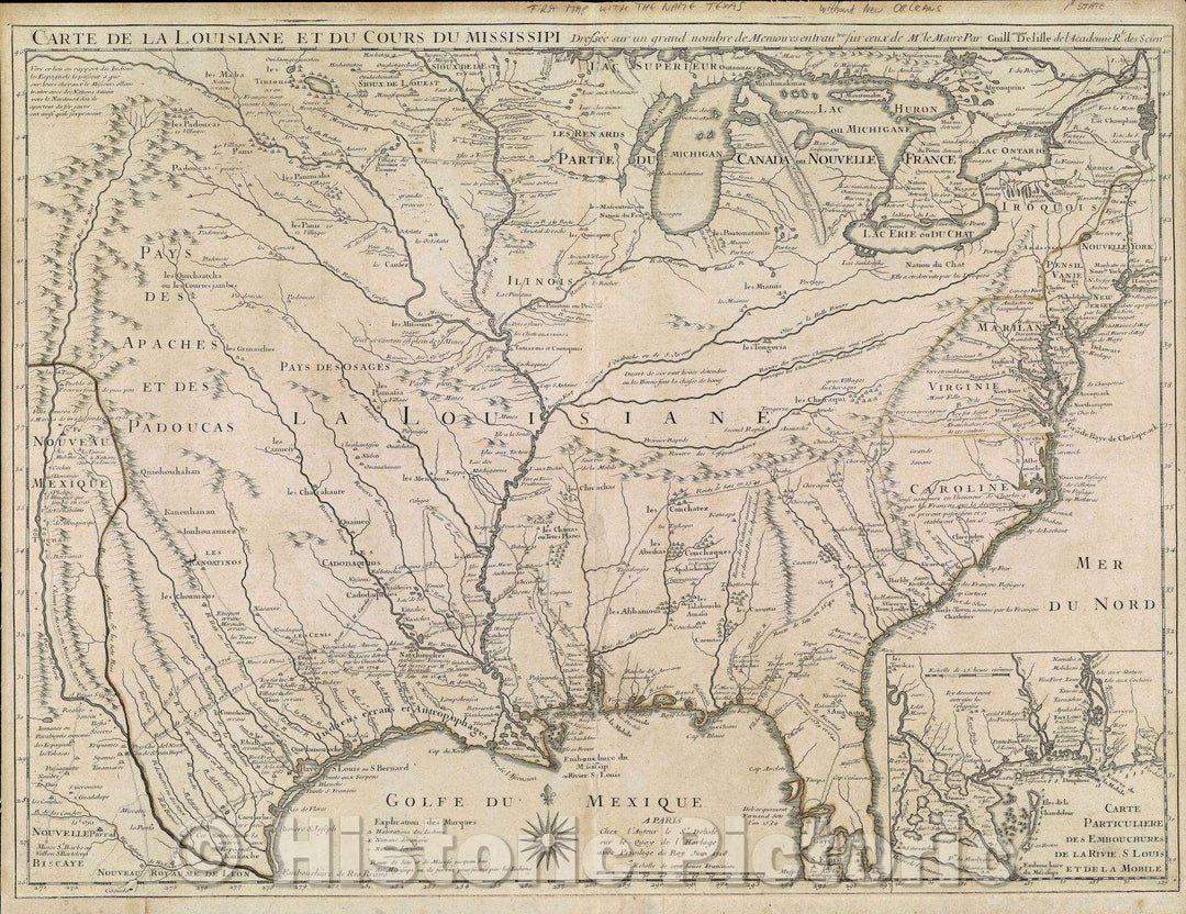 Historic Map : Carte de la Louisiane et du Cours du Mississippi, 1718 , Vintage Wall Art