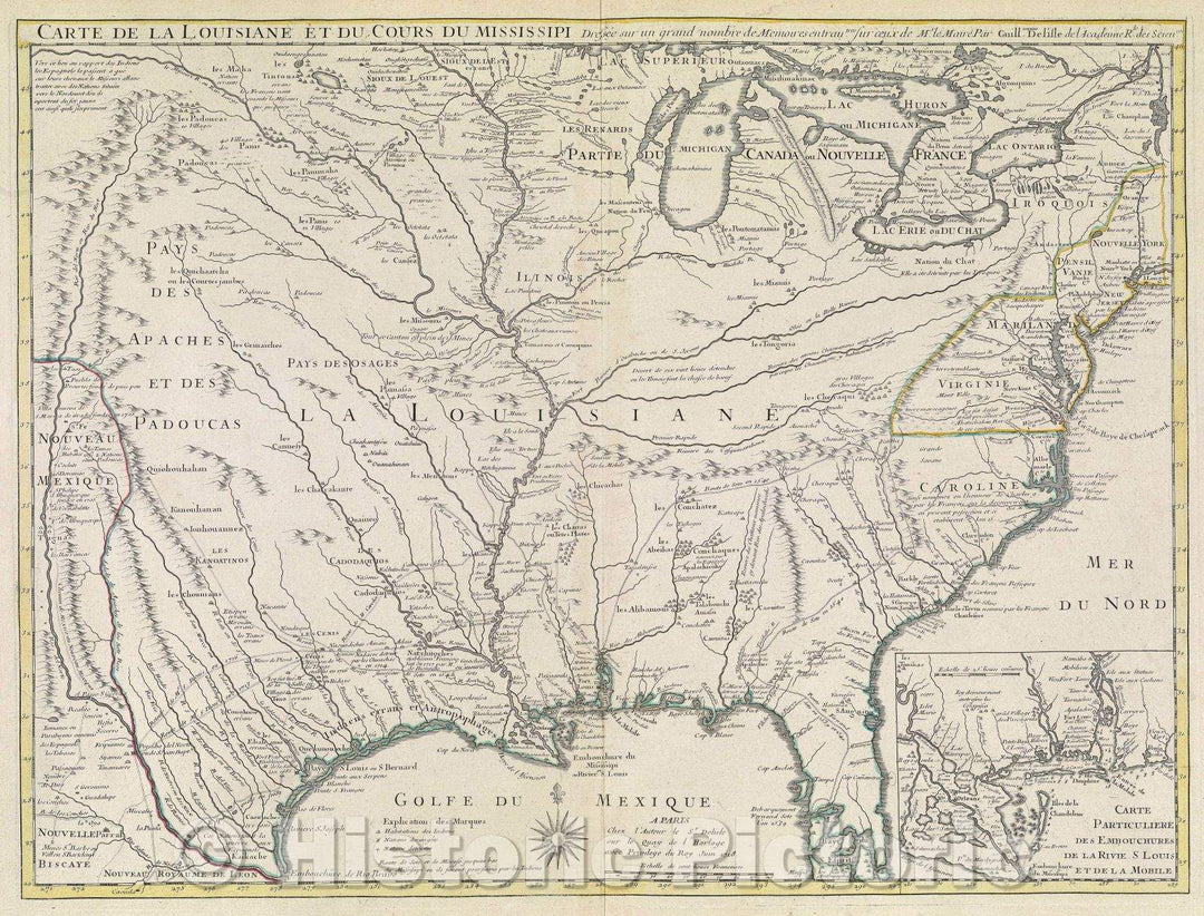 Historic Map : Carte de la Louisiane et du Cours du Missisipi Dressee sur un grand nombre de Memoires entr'autres. sur ceux de Mr. le Maire par Guillaume Delisle, 1718 , Vintage Wall Art
