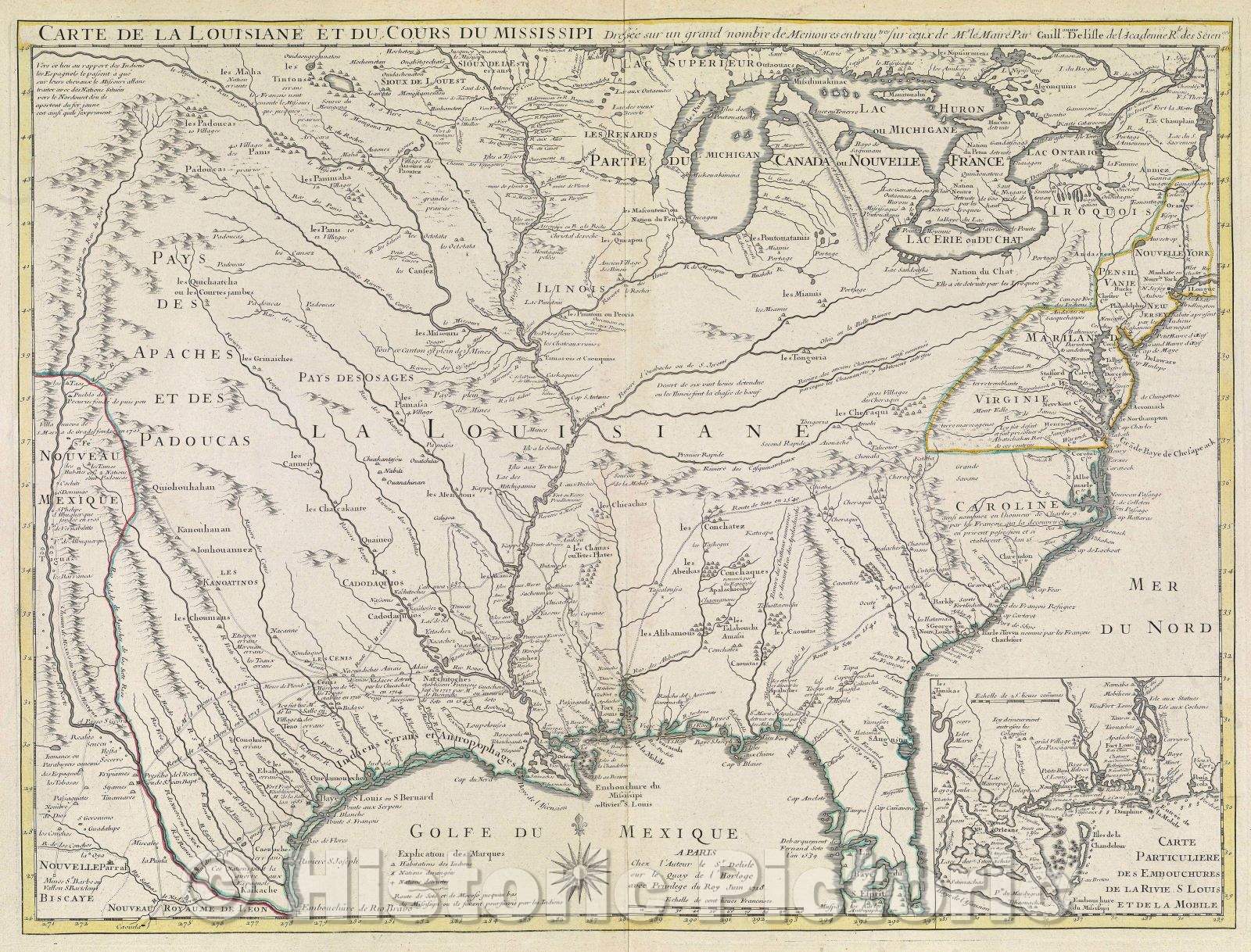 Historic Map : Carte de la Louisiane et du Cours du Missisipi Dressee sur un grand nombre de Memoires entr'autres. sur ceux de Mr. le Maire par Guillaume Delisle, 1718 , Vintage Wall Art
