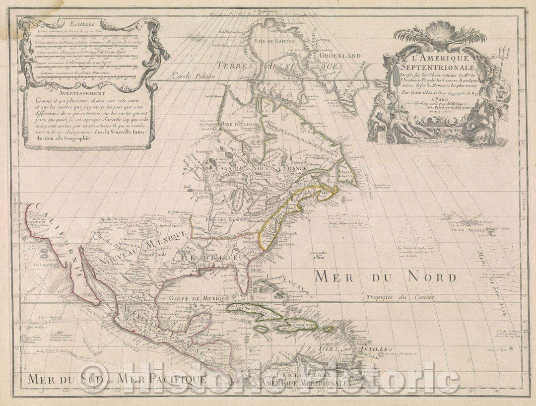 Historic Map : L'Amerique Septentrionale dressee sur les observations de Mrs. de l'Academie Royale de Sciences and lquelques autres and sur les memoires, 1718 , Vintage Wall Art