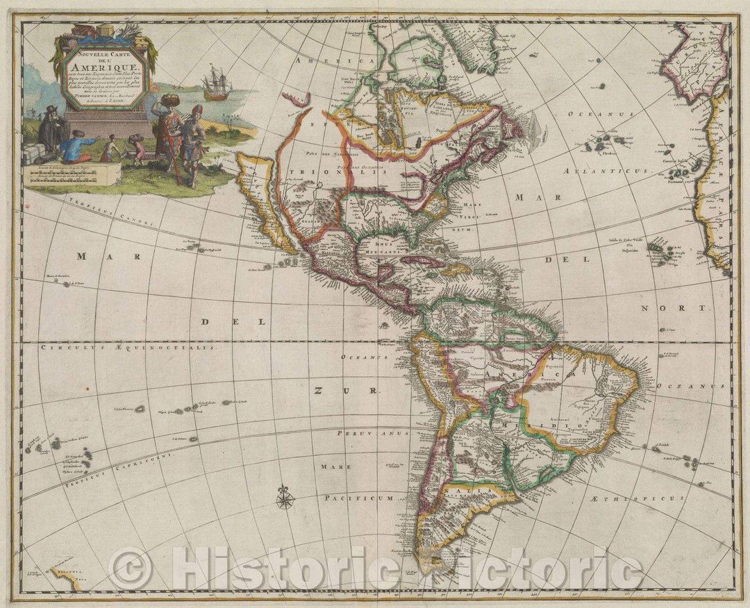 Historic Map : Nouvelle Carte de L'Amerique avec tous ses Royaumes, Etats, Iles, Ports, Bayes et Rivieres, 1729 , Vintage Wall Art