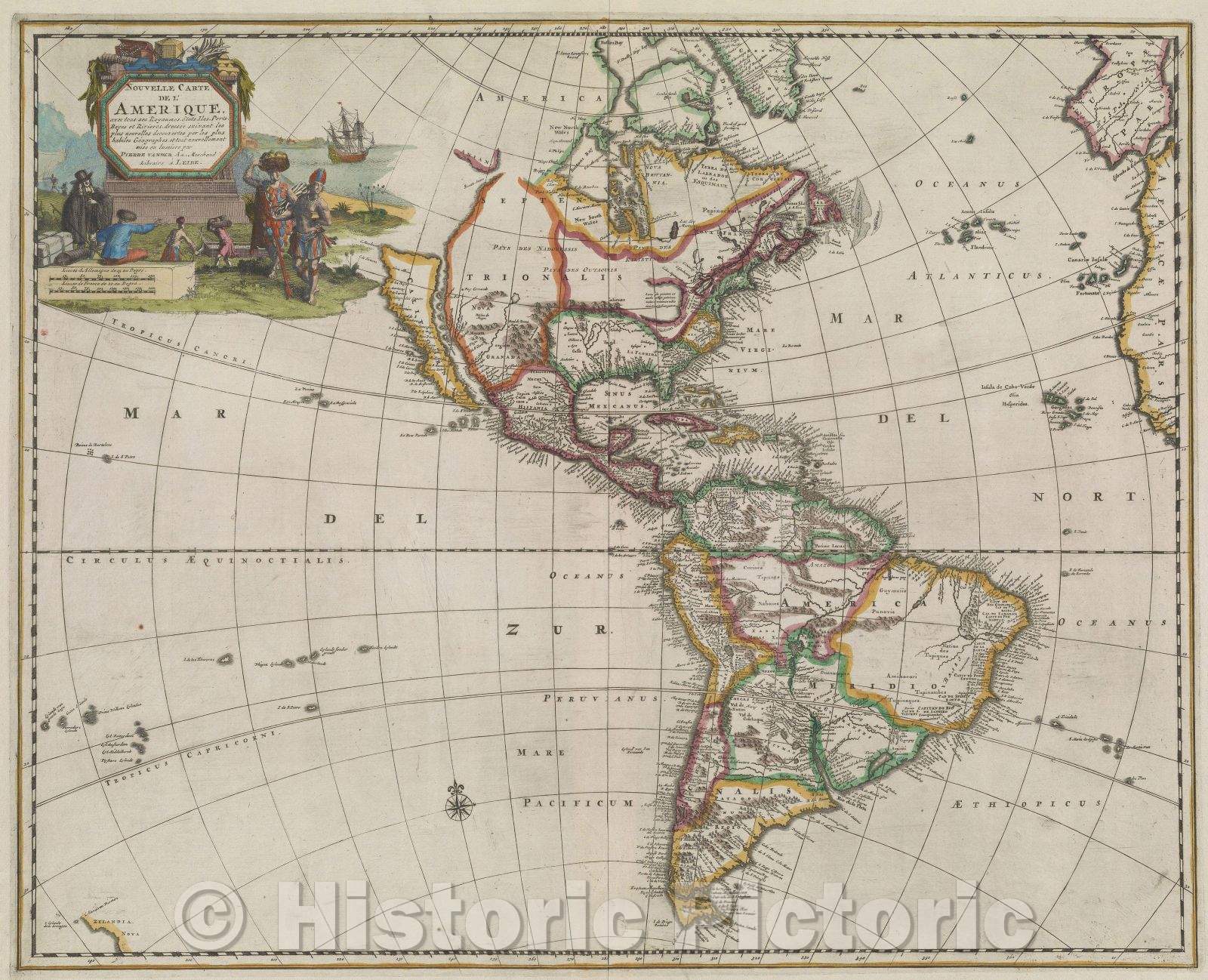 Historic Map : Nouvelle Carte de L'Amerique avec tous ses Royaumes, Etats, Iles, Ports, Bayes et Rivieres, 1729 , Vintage Wall Art