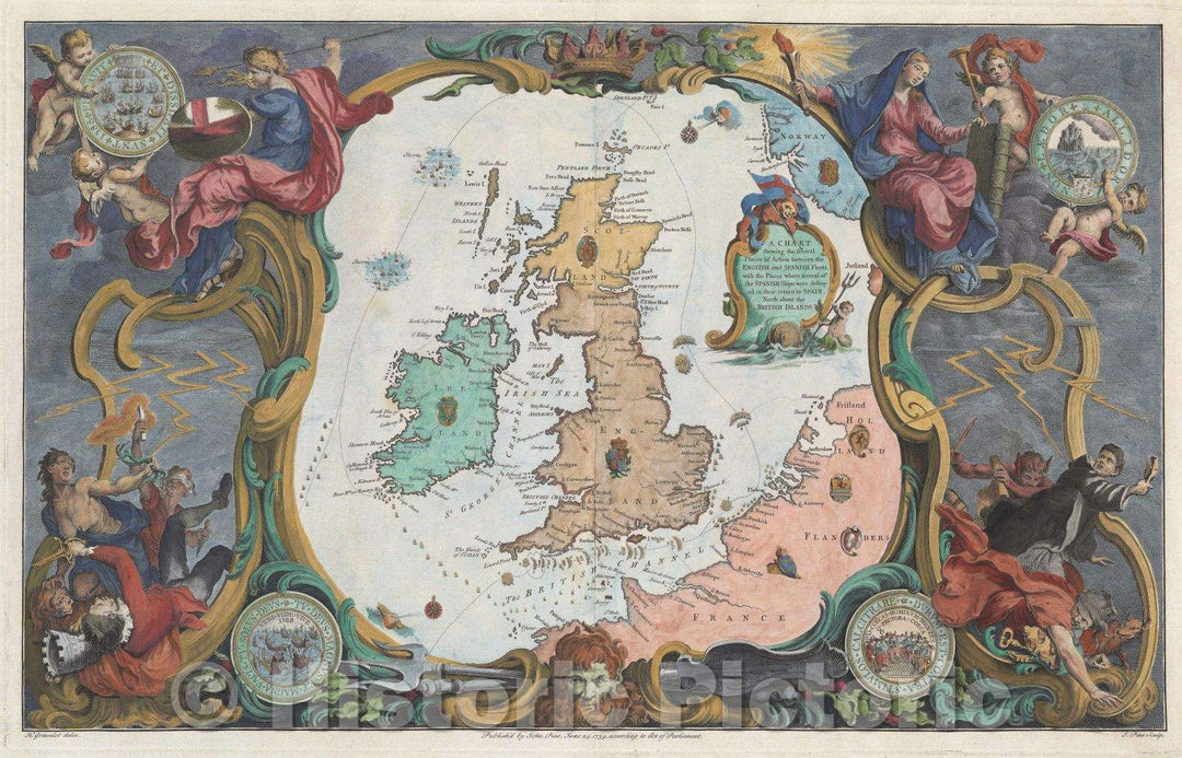 Historic Map : A Chart Shewing the Several Places of Action between the English and Spanish Fleets, 1739 , Vintage Wall Art