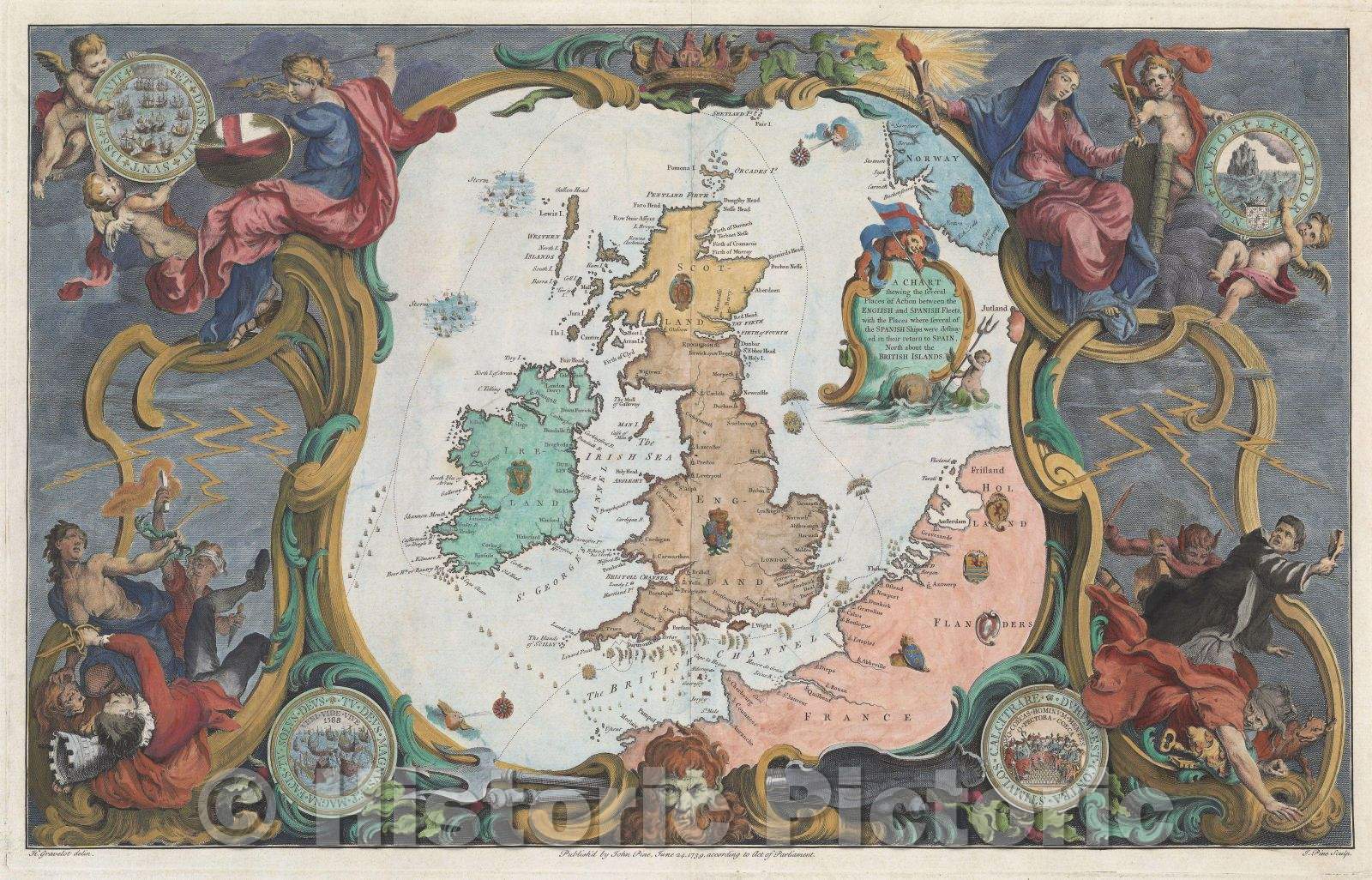 Historic Map : A Chart Shewing the Several Places of Action between the English and Spanish Fleets, 1739 , Vintage Wall Art