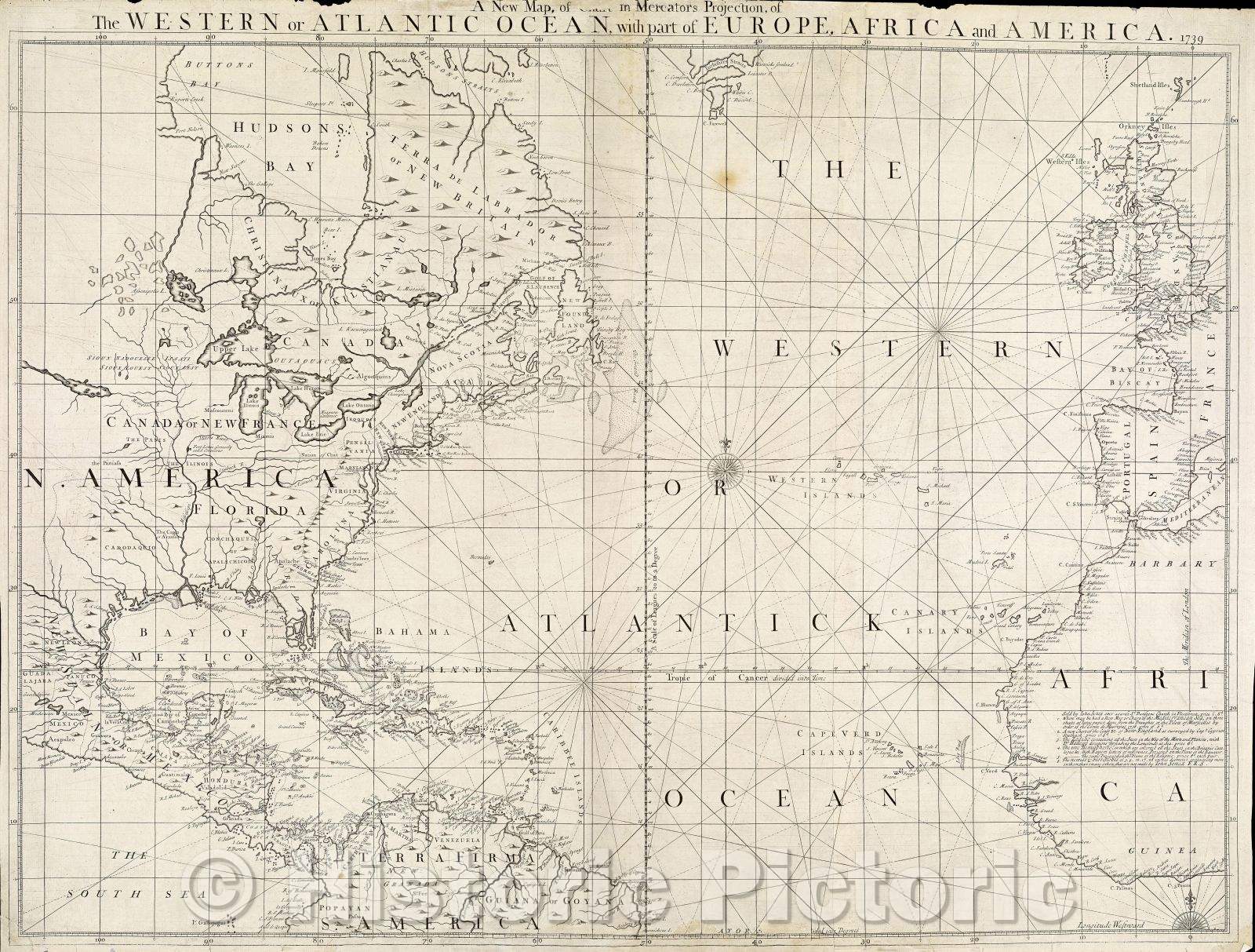 Historic Map : A New Map, or (illegible) in Mercators Projection, of the Western or Atlantic Ocean, with part of Europe, Africa and America 1739., 1739 , Vintage Wall Art