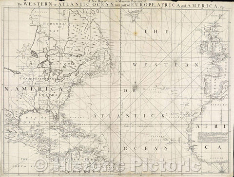 Historic Map : A New Map, or (illegible) in Mercators Projection, of the Western or Atlantic Ocean, with part of Europe, Africa and America 1739., 1739 , Vintage Wall Art