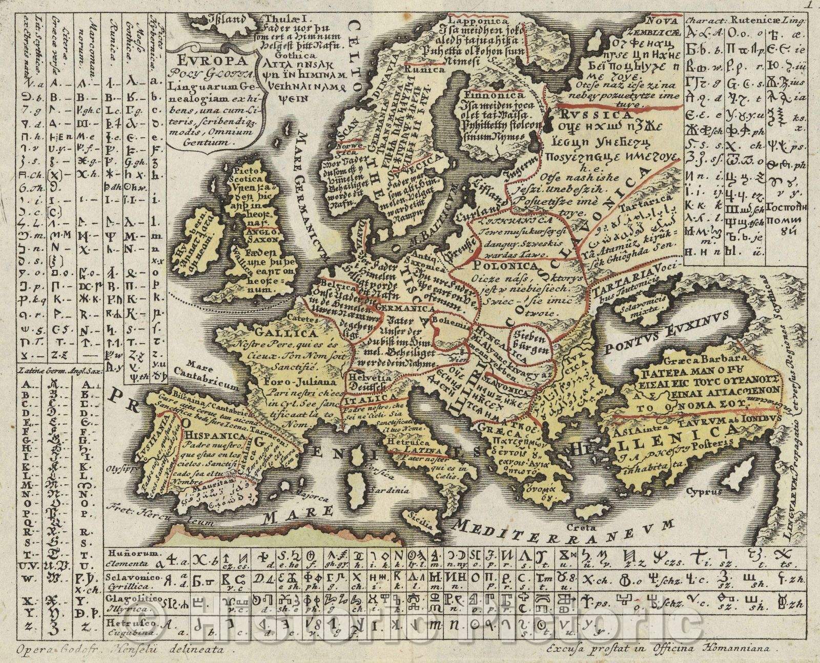 Historic Map : Europa Poly Glotta. Linguarum Genealoiam ex hibens, una cum literis, scribendique. modis, Omnium Gentium., 1741 , Vintage Wall Art