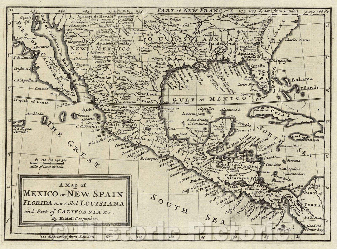Historic Map : A Map of Mexico or New Spain Florida now called Louisiana and part of California and c. By H: Moll Geographer., 1745 , Vintage Wall Art
