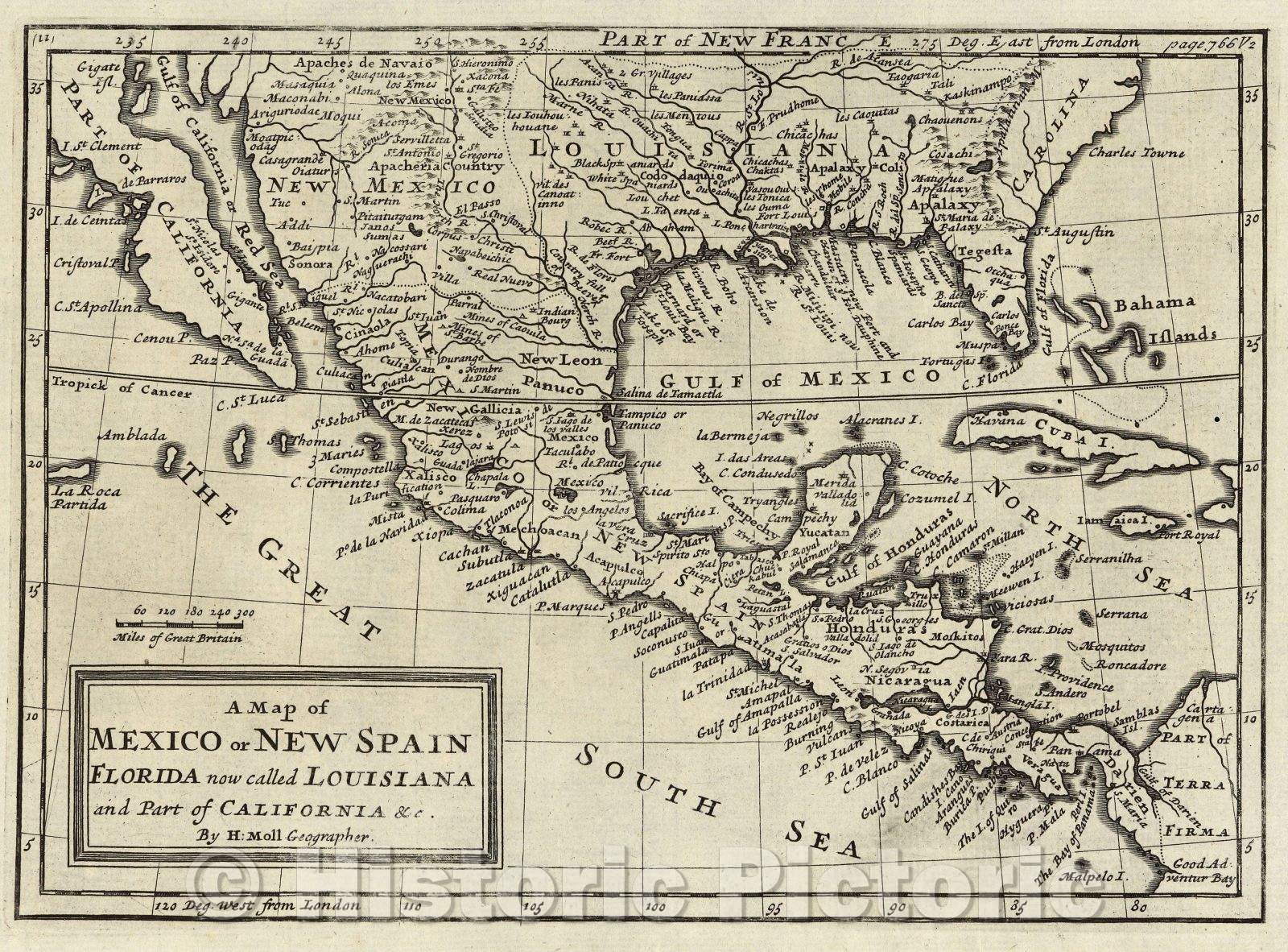 Historic Map : A Map of Mexico or New Spain Florida now called Louisiana and part of California and c. By H: Moll Geographer., 1745 , Vintage Wall Art