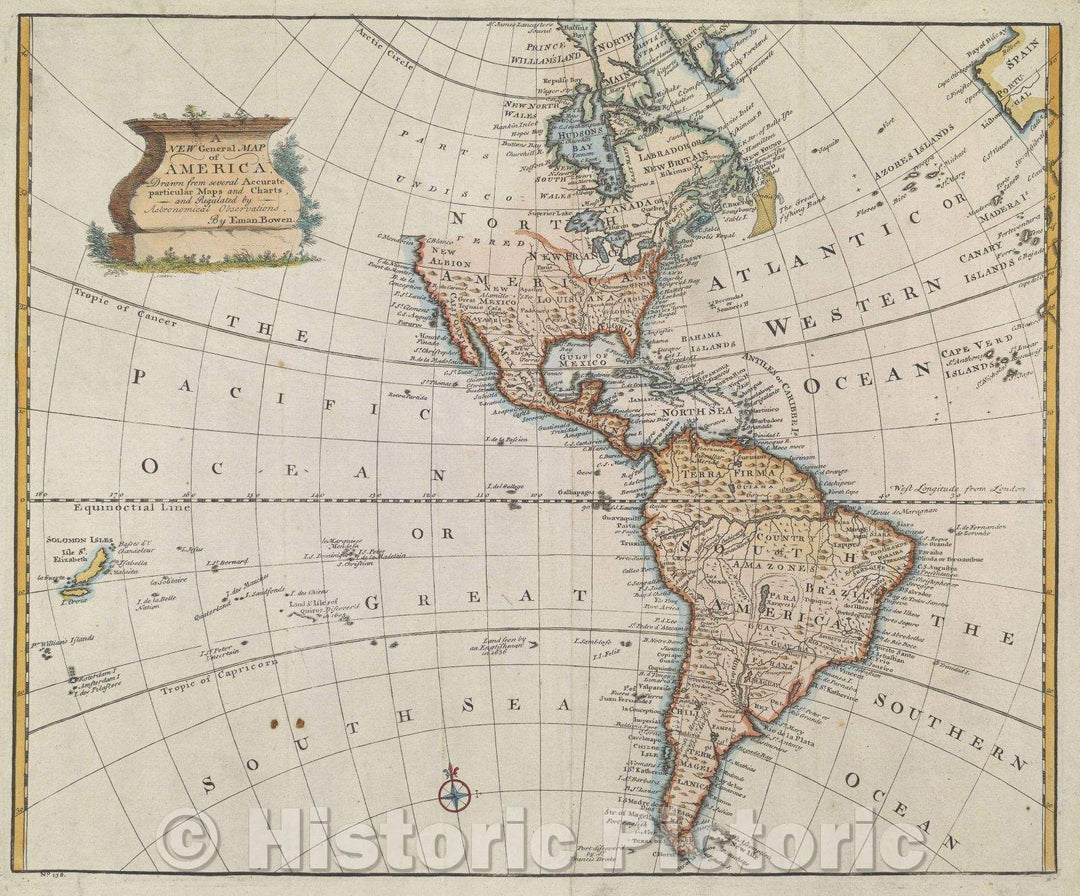 Historic Map : A New General Map of America. Drawn from several Accurate particular Maps and Charts, and Regulated by Astronomical Observations. By Eman. Bowen., 1747 , Vintage Wall Art
