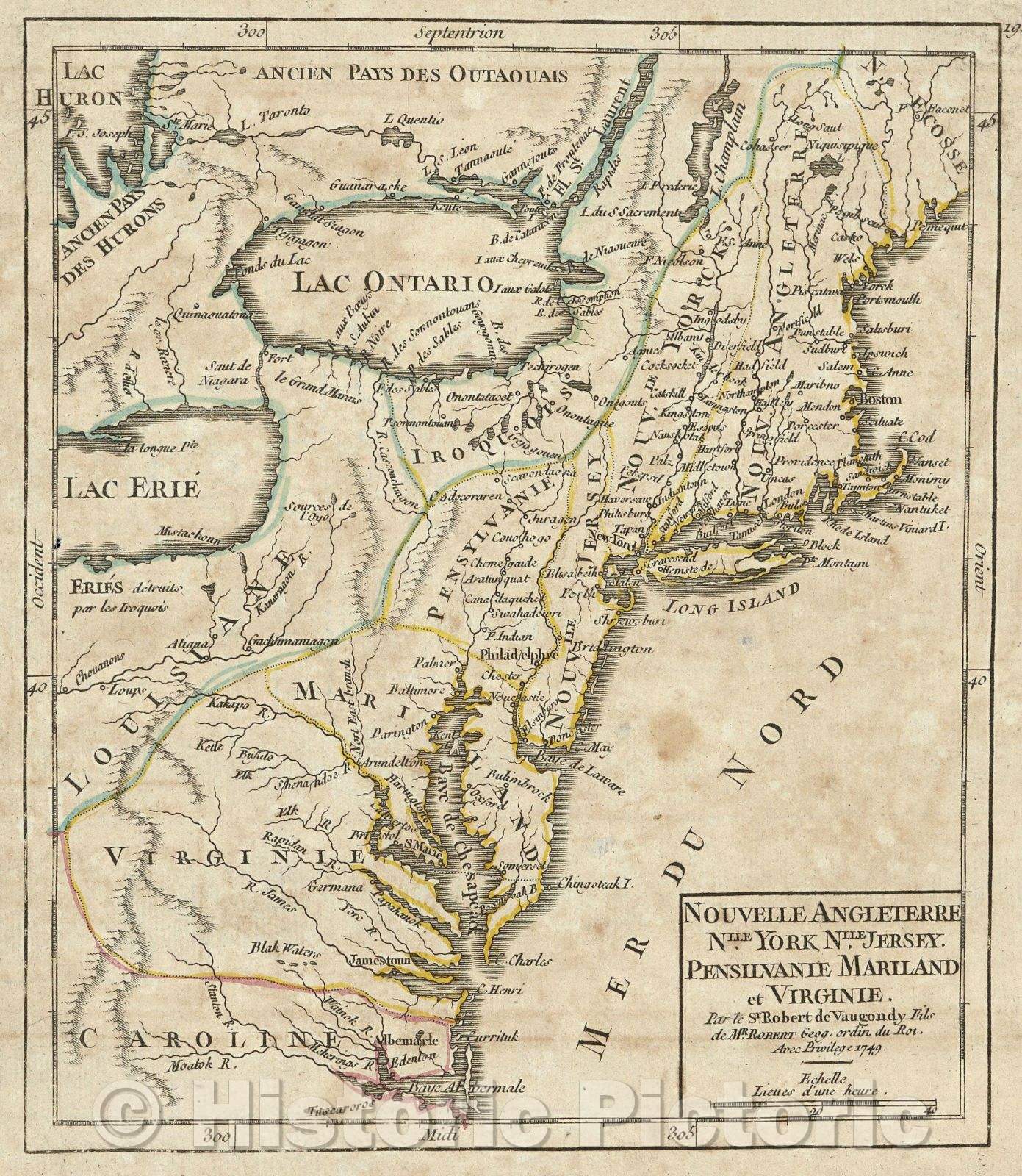 Historic Map : Nouvelle Angleterre Nlle. York, Nlle. Jersey, Pensilvanie Mariland et Virginie. par le Sr. Robert de Vaugondy Fils, 1749 , Vintage Wall Art