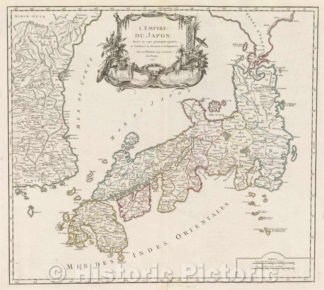 Historic Map : L'Empire du Japon divise en sept principales parties, et subdivise en soixante et six Royaumes, 1750 , Vintage Wall Art