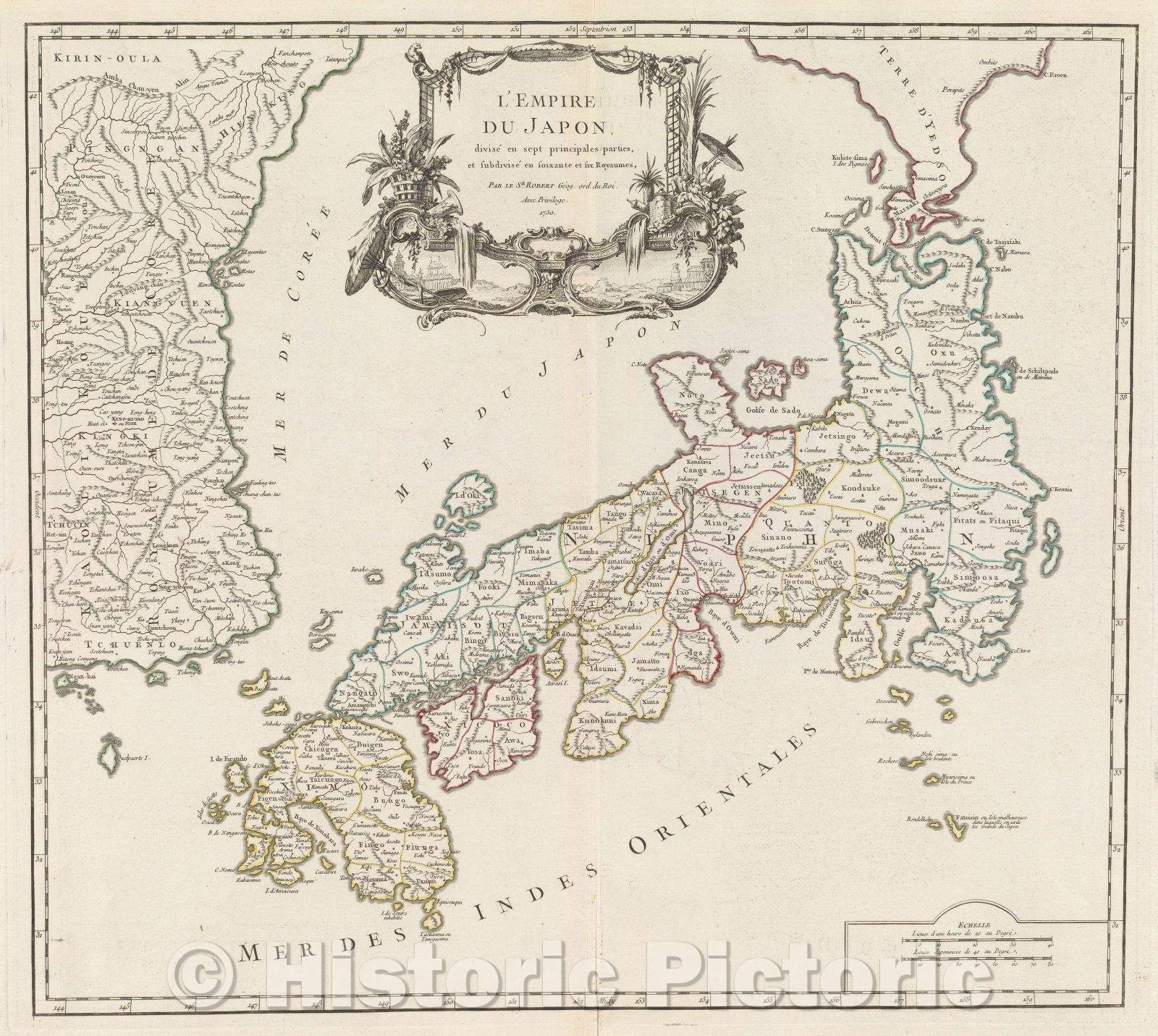 Historic Map : L'Empire du Japon divise en sept principales parties, et subdivise en soixante et six Royaumes, 1750 , Vintage Wall Art