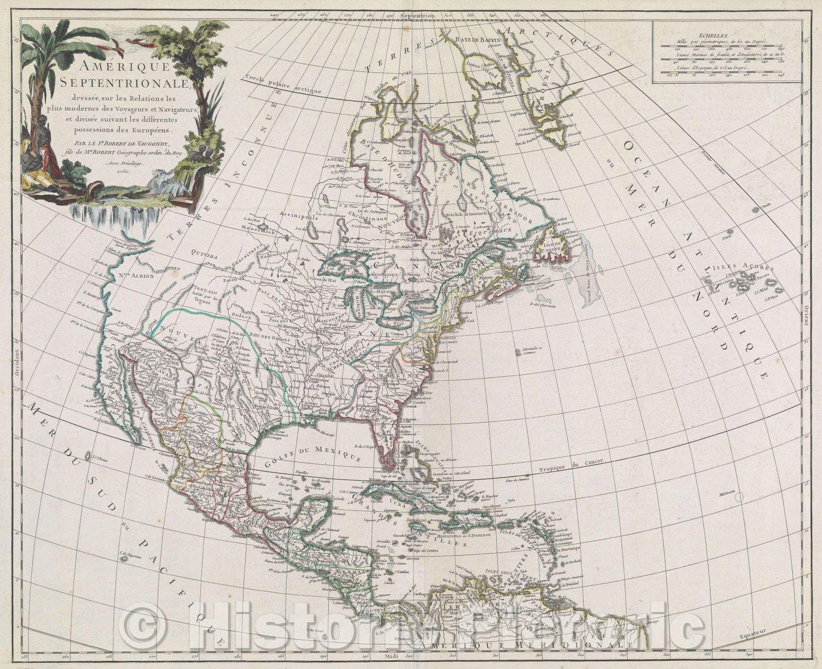 Historic Map : Amerique Septentrionale Dressee, sur les Relations les plus modernes des Voyageurs et Navigateurs, et divisee suivant les differentes possessions, 1750 , Vintage Wall Art