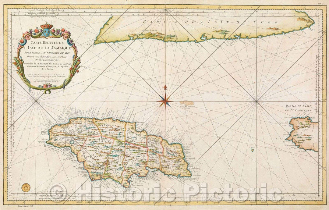 Historic Map : Carte Reduite de l'Isle de la Jamaique Pour servir aux Vaisseaux du Roy Dressee au Depost des Cartes et Plans de la Marine, 1753 , Vintage Wall Art