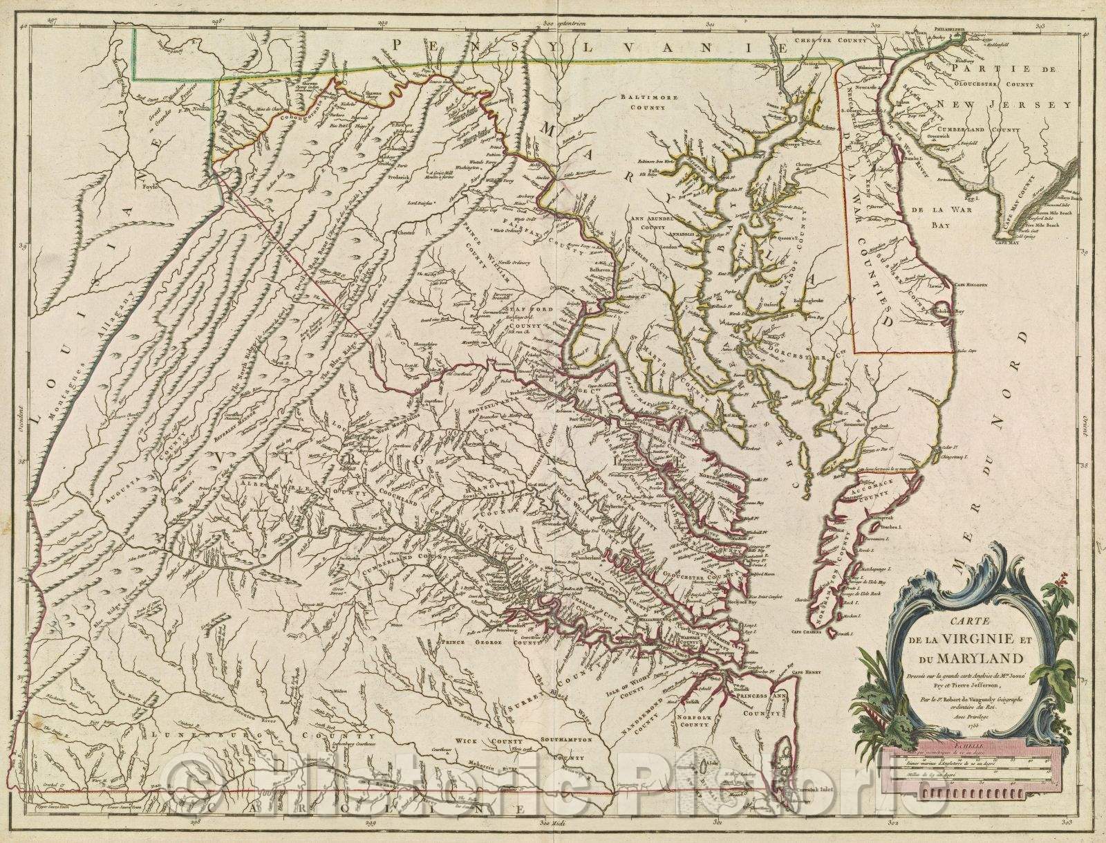 Historic Map : Carte de la Virginie et du Maryland Dressee sur la grande carte Angloise de Mrs. Josue Fry et Pierre Jefferson, 1755 , Vintage Wall Art