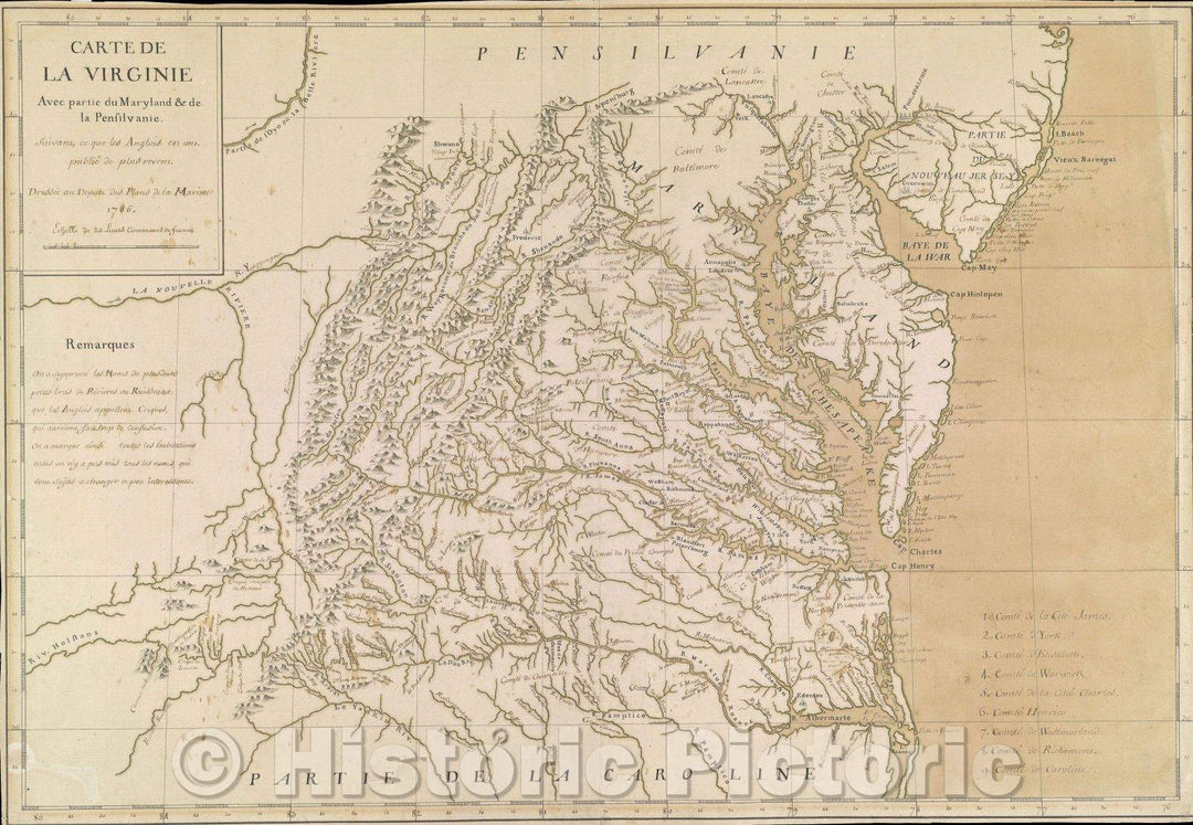 Historic Map : Carte de la Virginie Avec partie du Maryland and de la Pensilvanie. Suivant ce que les Anglois en ans publie de plus recens Dressee au Depost des Plan, 1755 , Vintage Wall Art