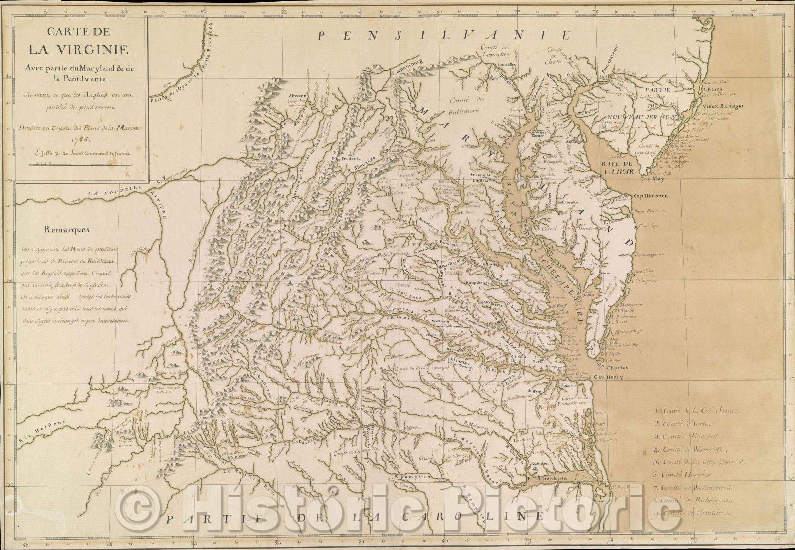 Historic Map : Carte de la Virginie Avec partie du Maryland and de la Pensilvanie. Suivant ce que les Anglois en ans publie de plus recens Dressee au Depost des Plan, 1755 , Vintage Wall Art