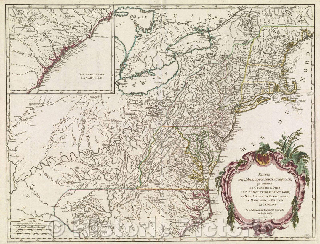 Historic Map : Partie de l'Amerique Septentrionale, qui comprend Le Cours de l'Ohio, La Nlle. Angleterre, Las Nlle. York, Le New Jersey, La Pensylvanie, Le Maryland, 1755 , Vintage Wall Art