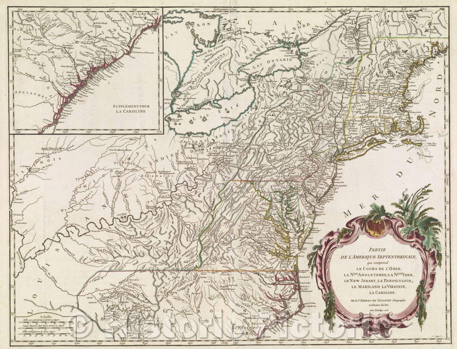 Historic Map : Partie de l'Amerique Septentrionale, qui comprend Le Cours de l'Ohio, La Nlle. Angleterre, Las Nlle. York, Le New Jersey, La Pensylvanie, Le Maryland, 1755 , Vintage Wall Art