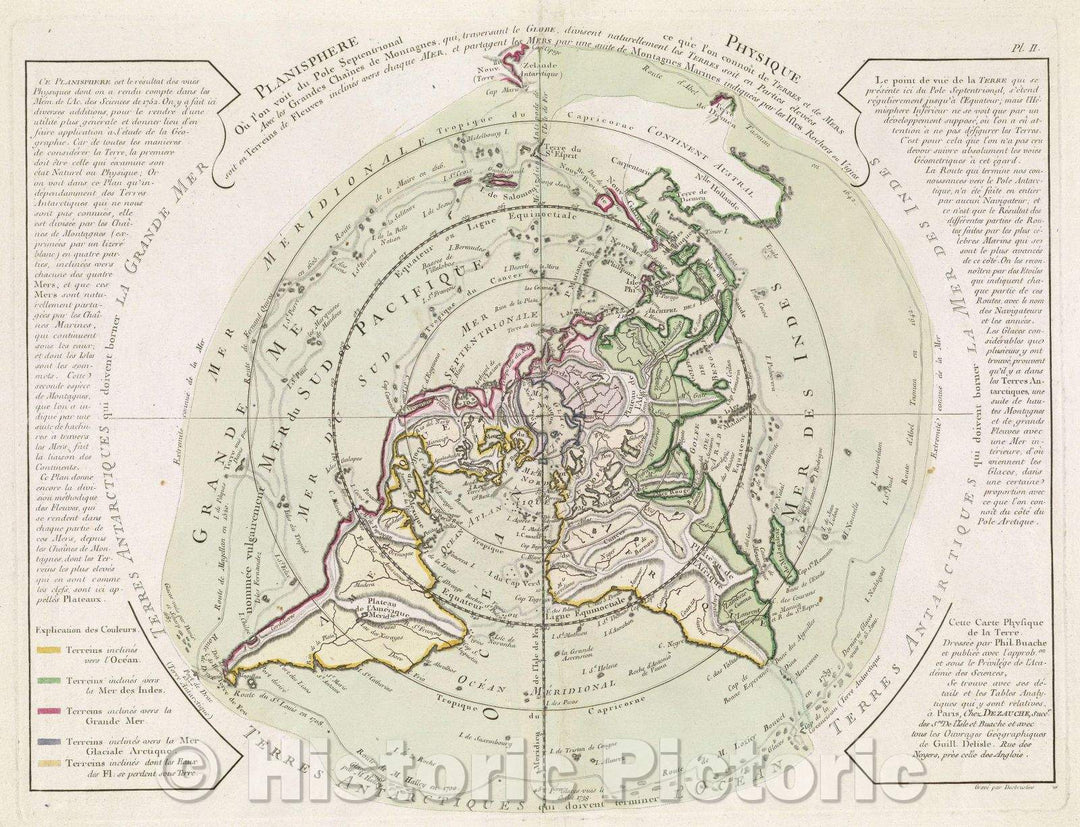 Historic Map : Planisphere Physique ou l'on voit du Pole Septentrionale ce que l'on connoit de Terres et fe Mers avec les grandes Chaines de Montagnes qui, 1756 , Vintage Wall Art