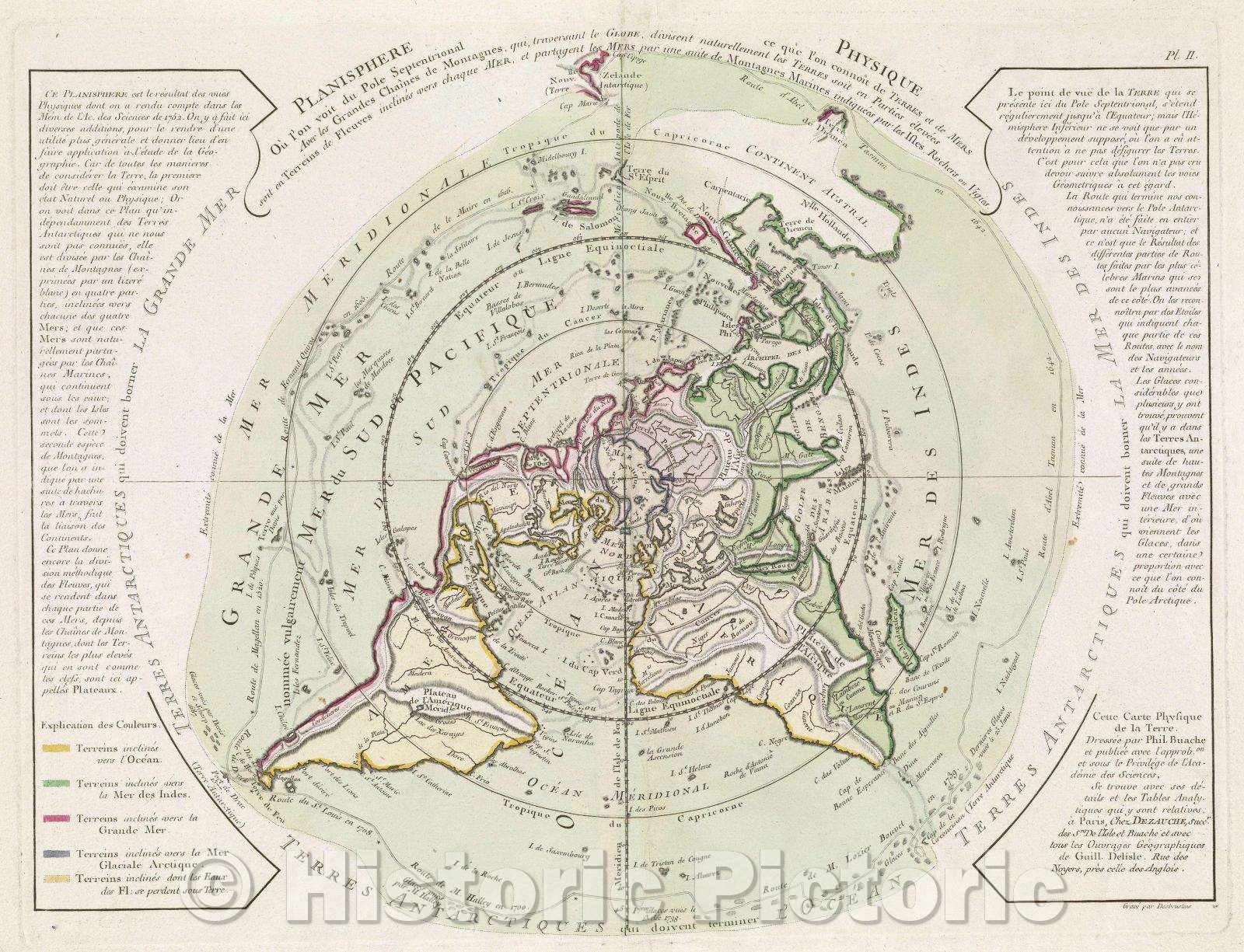 Historic Map : Planisphere Physique ou l'on voit du Pole Septentrionale ce que l'on connoit de Terres et fe Mers avec les grandes Chaines de Montagnes qui, 1756 , Vintage Wall Art