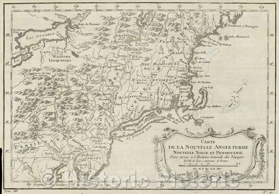Historic Map : Carte de la Nouvelle Angleterre Nouvelle Yorck et Pensilvanie pour servir a l'Histoire Generale des Voyages., 1757 , Vintage Wall Art