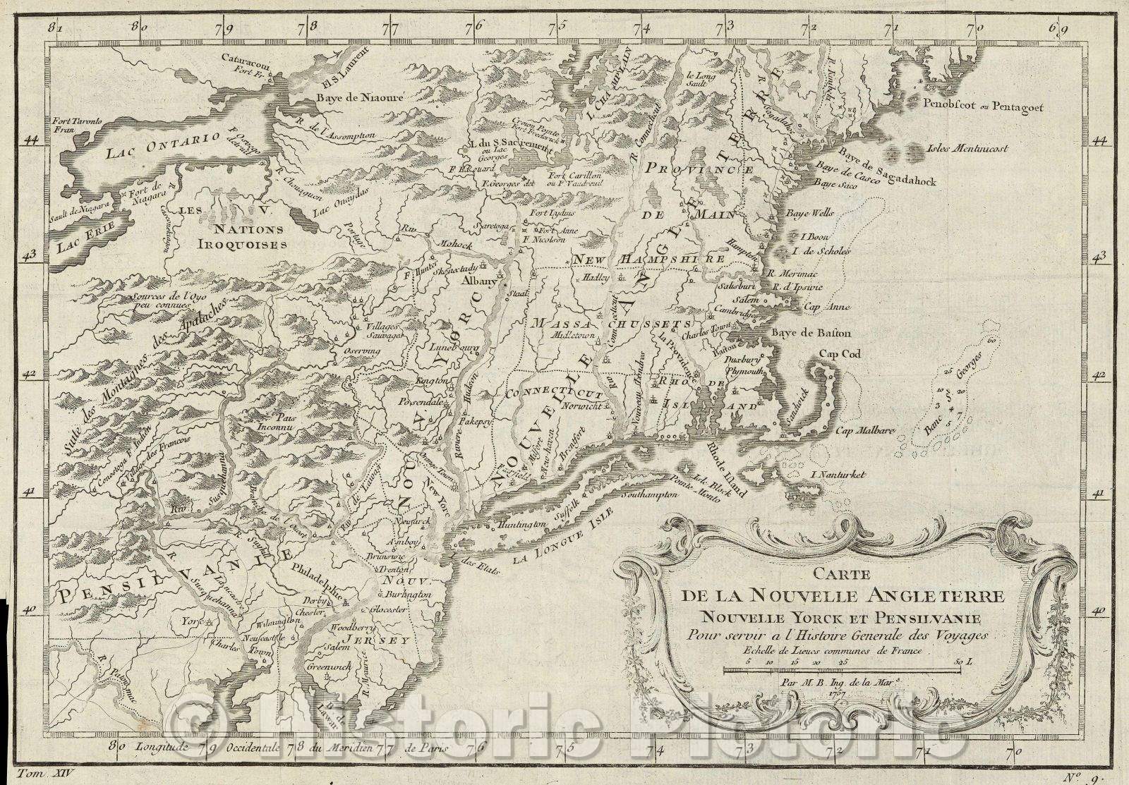 Historic Map : Carte de la Nouvelle Angleterre Nouvelle Yorck et Pensilvanie pour servir a l'Histoire Generale des Voyages., 1757 , Vintage Wall Art
