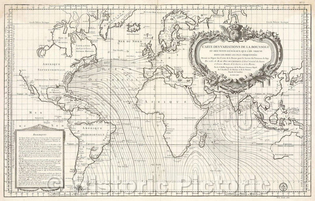 Historic Map : Carte des Variations de la Boussole et des Vents Generaux que l'on trouve dans les Mers les plus frequentees Dressee au Despot des Cartes de la Marine, 1765 , Vintage Wall Art