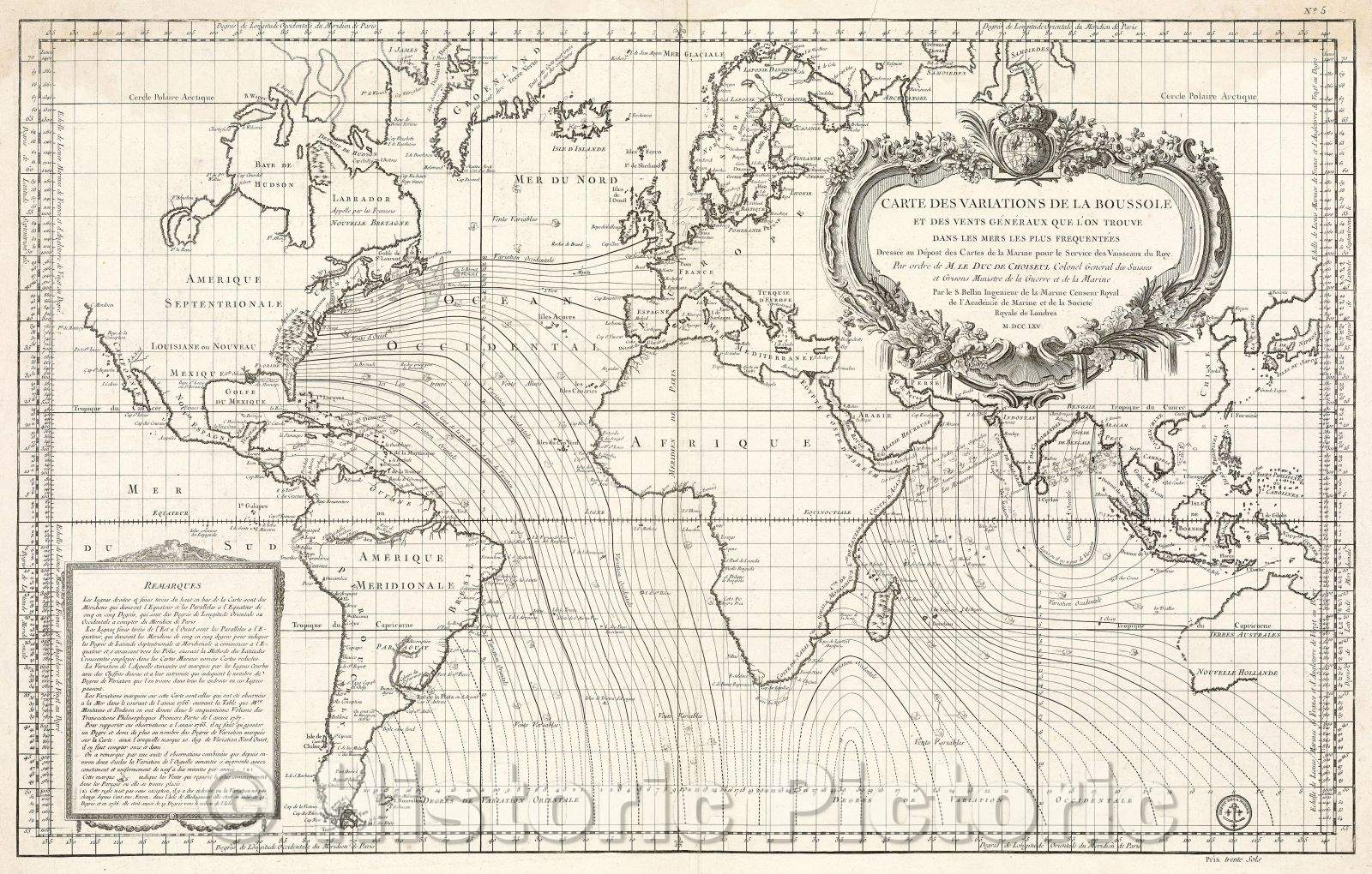 Historic Map : Carte des Variations de la Boussole et des Vents Generaux que l'on trouve dans les Mers les plus frequentees Dressee au Despot des Cartes de la Marine, 1765 , Vintage Wall Art