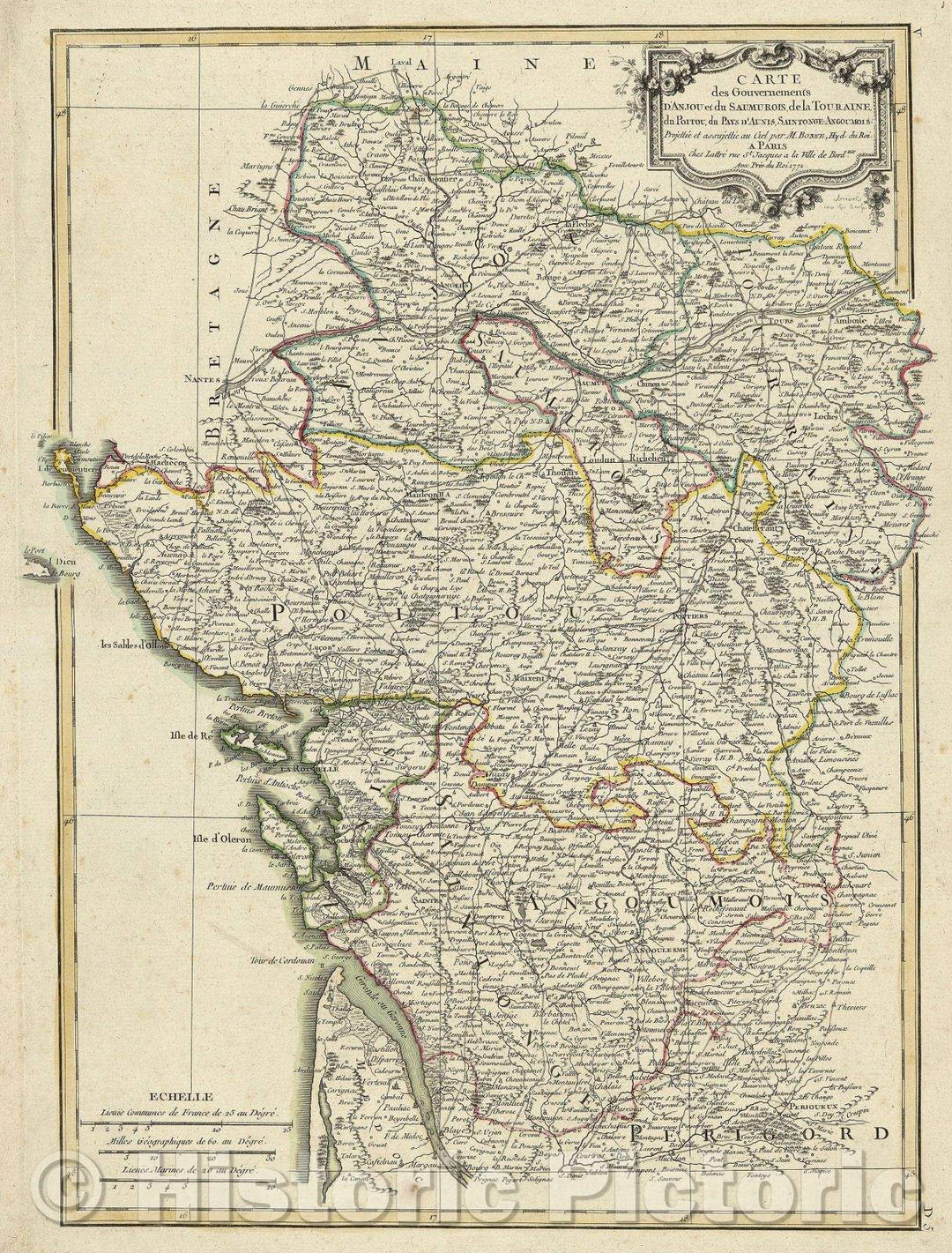 Historic Map : Carte des Gouvernements d'Anjou et du Samurois, de la Touraine, du Poitou, du Pays du Aunis, Saintonge-Angoumois. , 1771 , Vintage Wall Art