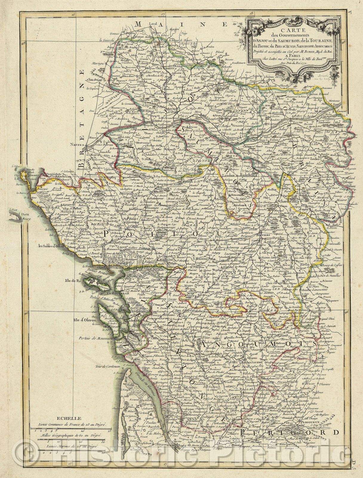 Historic Map : Carte des Gouvernements d'Anjou et du Samurois, de la Touraine, du Poitou, du Pays du Aunis, Saintonge-Angoumois. , 1771 , Vintage Wall Art