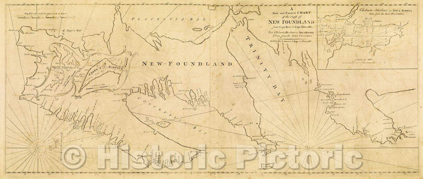 Historic Map : A New and Correct Chart of the Coast of New Foundland from Cape Raze to Cape Bonavista, With Chebucto Harbour in Nova Scotia, 1773 , Vintage Wall Art